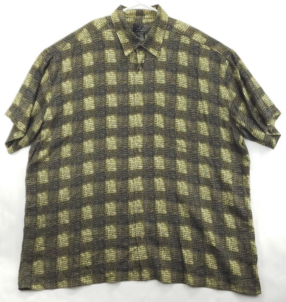 J Ferrar Shirt Mens 2XLT Black Green Plaid Short Sleeve Button-Up